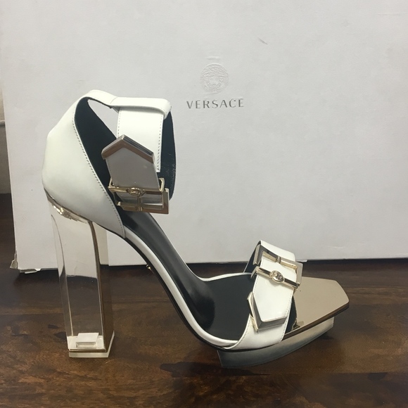 Versace Shoes - Versace White Leather Plexiglass Platform Pumps